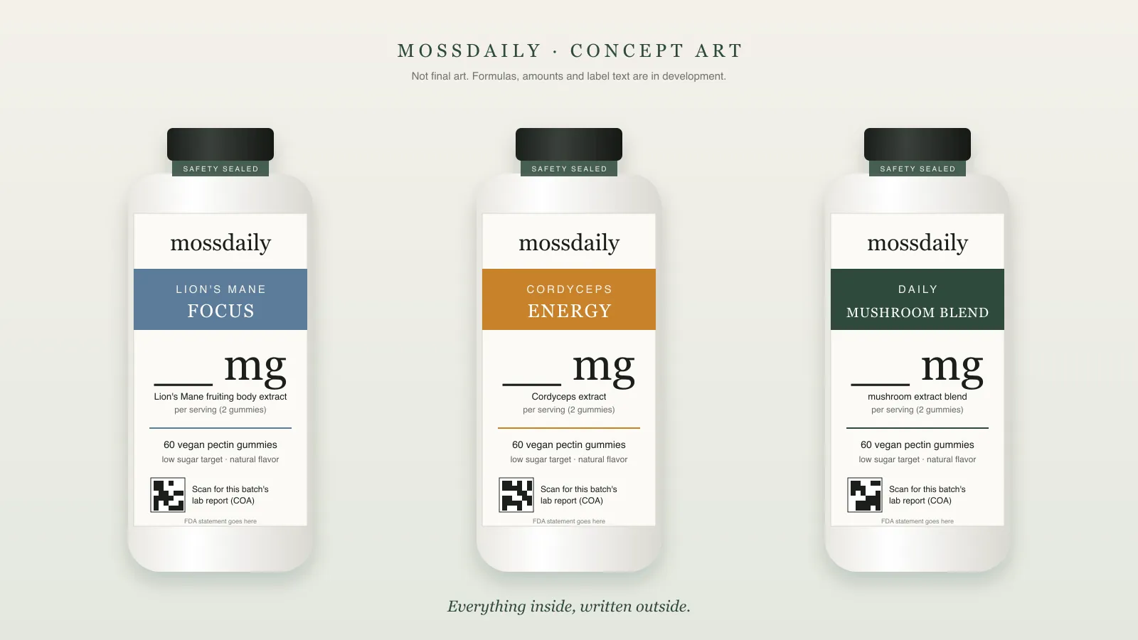 Concept art of three Mossdaily mushroom gummy jars: Lion's Mane Focus, Cordyceps Energy and Daily Multi
